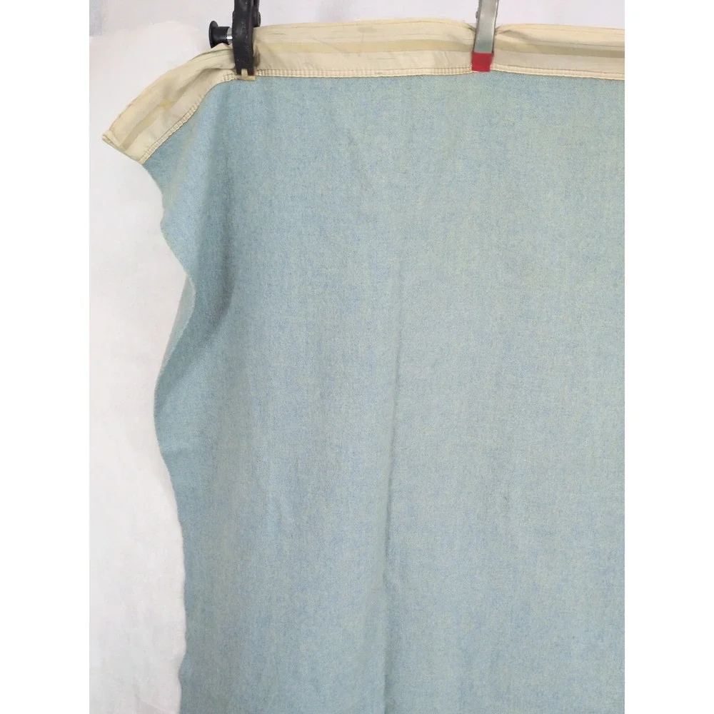 Vintage Kenwood Wool Satin Trim Teal Blue Blanket 73X84 In